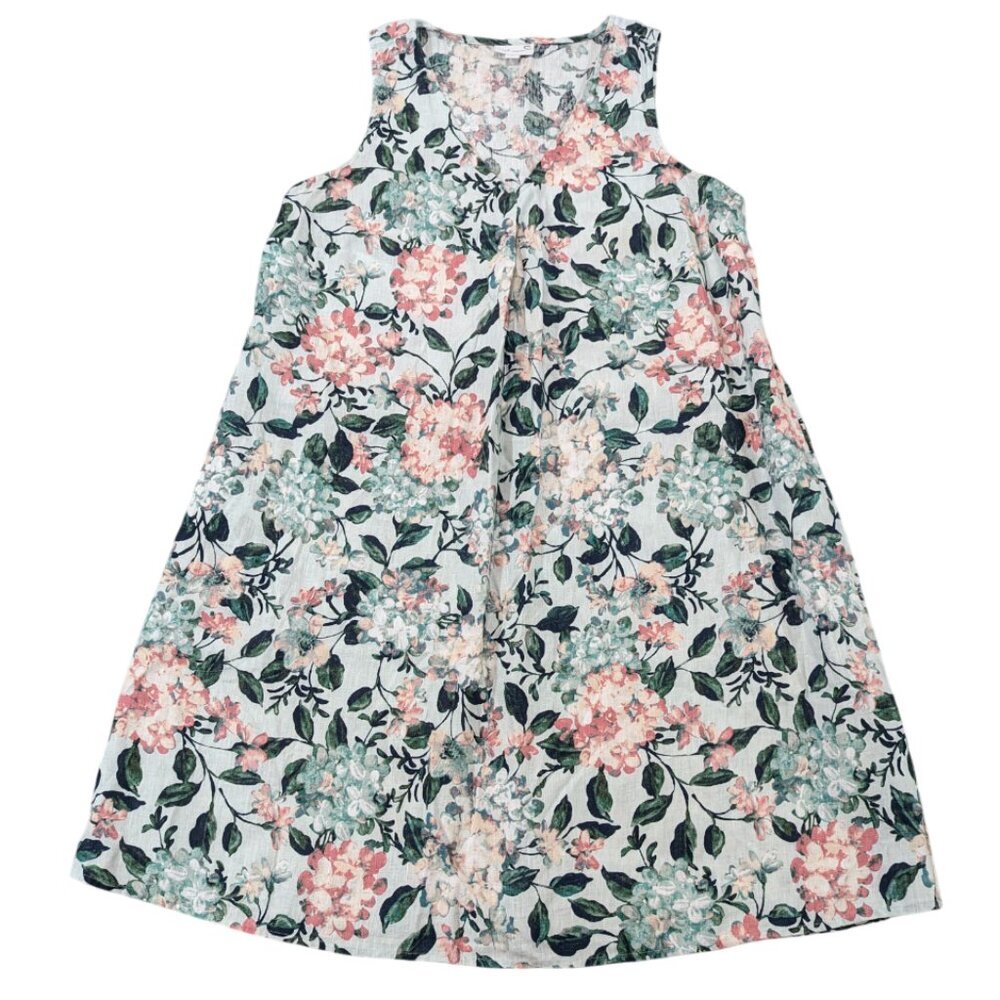 J. JILL 100% Linen Floral Dress M Hydrangea Love Linen Shift Green Pink Pockets